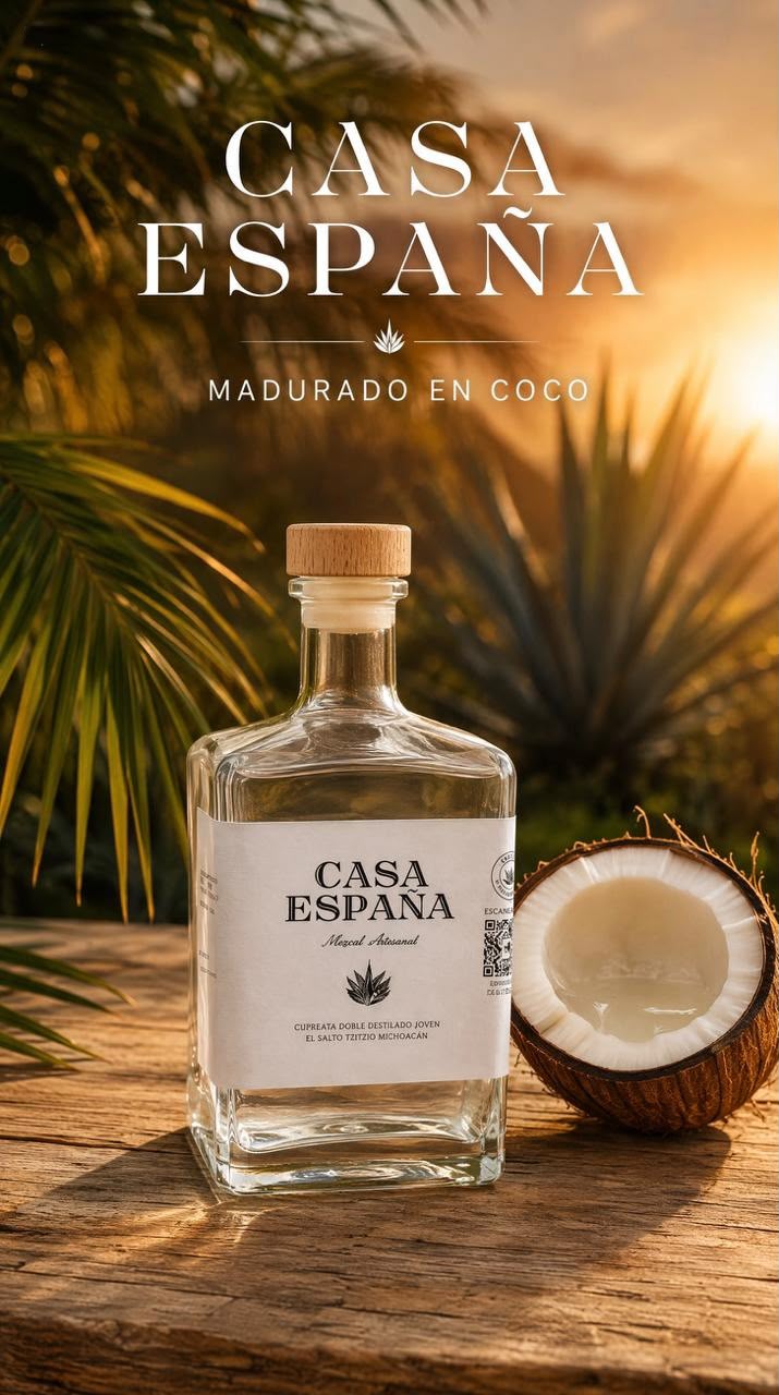 Botella de mezcal Casa España Madurado en Coco junto a un coco abierto al atardecer